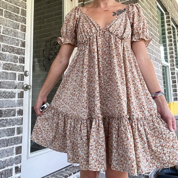 Brown Floral Baby Doll Tiered Dress - Picture 3 of 6